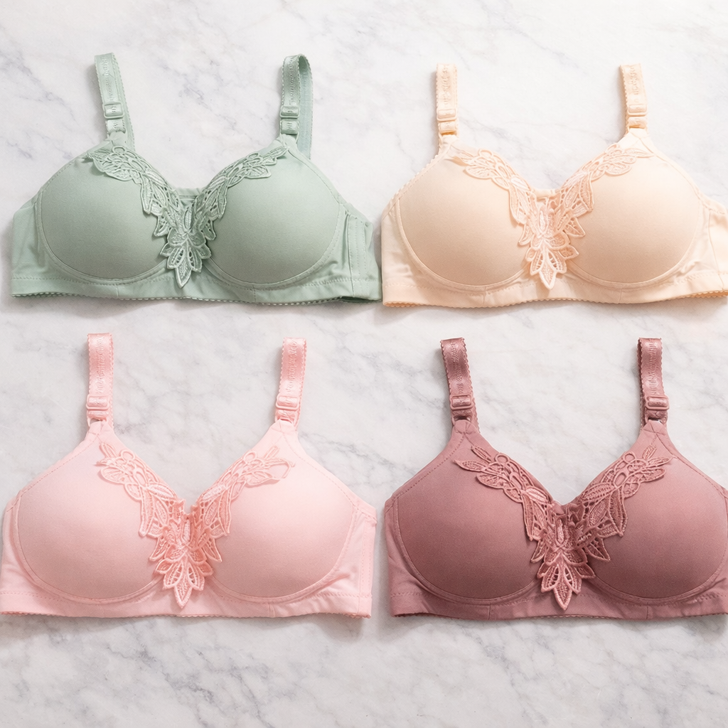Mid Flower Style Premium Padded Comfort Bra – Soft Nylon Seamless Daily Underwire Lingerie, Random Color - Size 36 ,38,40,42