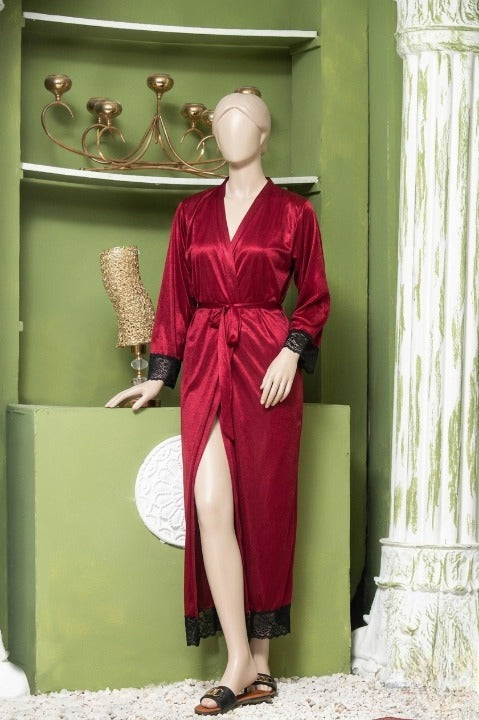 Elegant Luxury Silk Night Gown with Delicate Lace Trim - Comfortable Sleepwear for Women Free Size - Sku : R-016