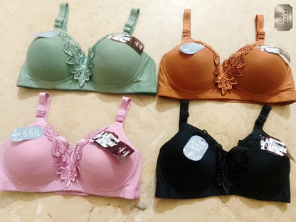 Mid Flower Style Premium Padded Comfort Bra – Soft Nylon Seamless Daily Underwire Lingerie, Random Color - Size 36 ,38,40,42
